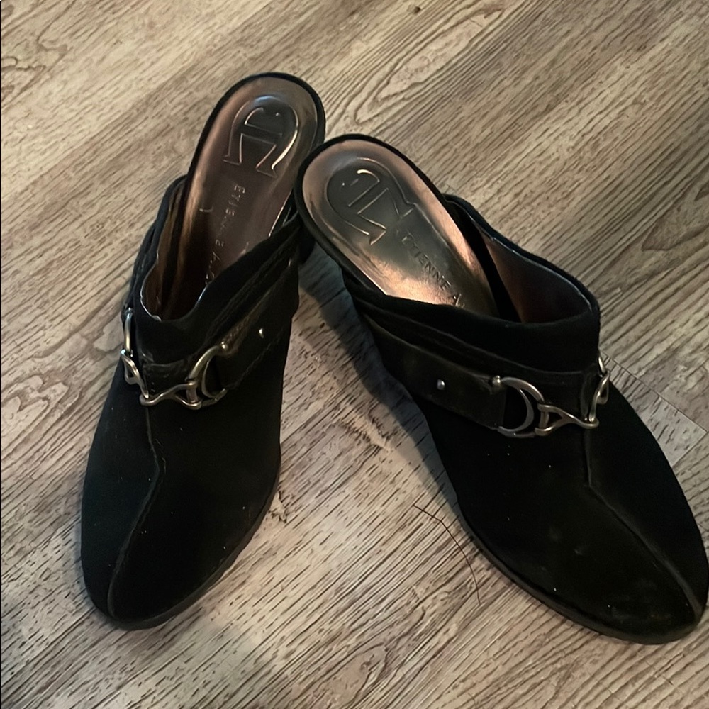 Etienne Aigner Black Mules with Silver Hardware